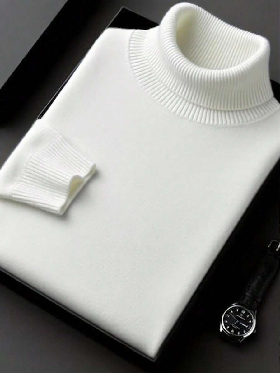 男士休闲高领毛衣，通勤和叠穿皆宜，秋冬季长袖上衣 - 白色 - 查看 1
