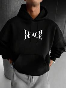 Zrgoth 男士“和平”翅膀图案抓绒连帽衫，秋冬街头风 - 黑色 - 查看 3