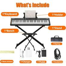 Teclado de piano de 61 teclas, teclado de piano portátil para principiantes, piano para el hogar con teclas de medio peso de tamaño completo, altavoces duales incorporados y pedales, adecuado para principiantes o profesionales - Piano negro + soporte + taburete - Ver 7