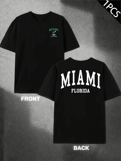 Maglietta grafica Miami Florida realizzata in morbido cotone, vestibilità ampia, comoda, casual, design grafico, stampa fronte-retro.