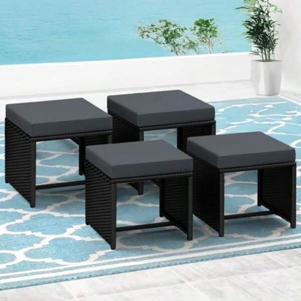Wicker Ottomans Set Of 4 4X Seat Cushions&Covers Outdoor Patio Furniture Set Steel Frame UVResistant