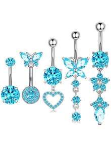 5pcs Dangle Belly Button Rings 4 Color Choose Stainless Steel Navel Piercing Jewelry For Women 14G Belly Button Piercing Butterfly Heart Dangling Belly Rings