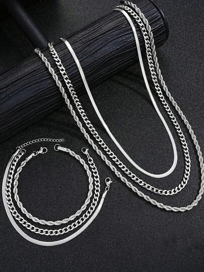 6pcs-1pc Simple Punk Hip Hop Stainless Steel Necklace, Bracelet Jewelry Set For Men, Suitable For Dating, Vacation And Daily Wear
