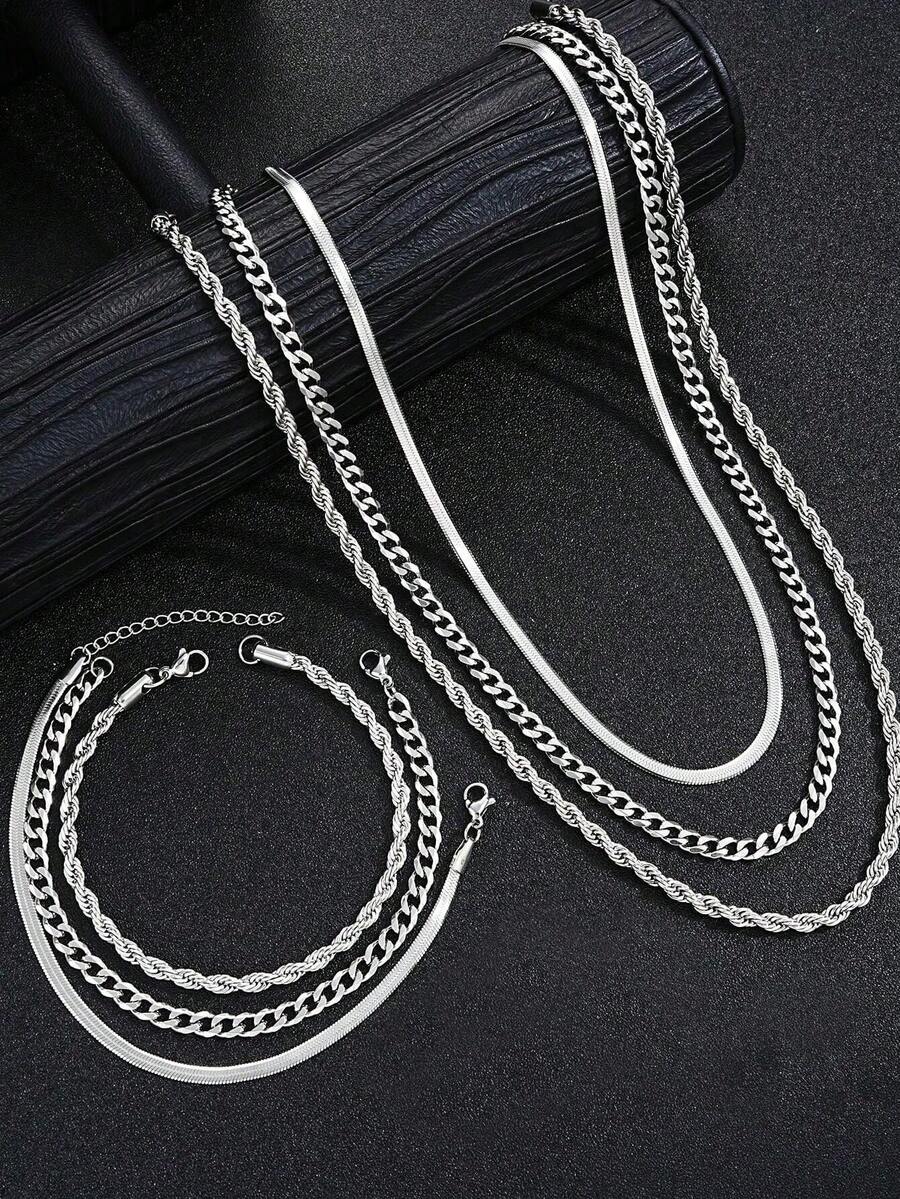 6pcs-1pc Simple Punk Hip Hop Stainless Steel Necklace, Bracelet Jewelry Set For Men, Suitable For Dating, Vacation And Daily Wear - Multicolor - View 1