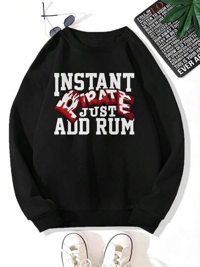 Sudadera divertida para hombre INSTANPIRATE - Sudadera con estampado "Just Add Rum" - Suéter negro de cuello redondo con detalles rojos - Camiseta lavable de manga larga para fiestas de disfraces y eventos casuales - Disfraz divertido para hombre - Ropa, accesorios y atuendos de fiesta INSTANPIRATE para hombre. Diseño original, tela resistente, ajuste cómodo, ropa novedosa y humorística, material suave. Sudadera original para amantes del humor. Top de cuello redondo de poliéster y elastano con elasticidad media para todas las estaciones.sudaderas para mujer>calientito sudaderas navideñas ropa invierno de mujer