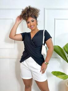 Women's Fashionable Plain Wrap Blouse In Comfortable, Loose-Fitting, Oversized, Short-Sleeved Viscose/Lycra Blend - Black - View 2
