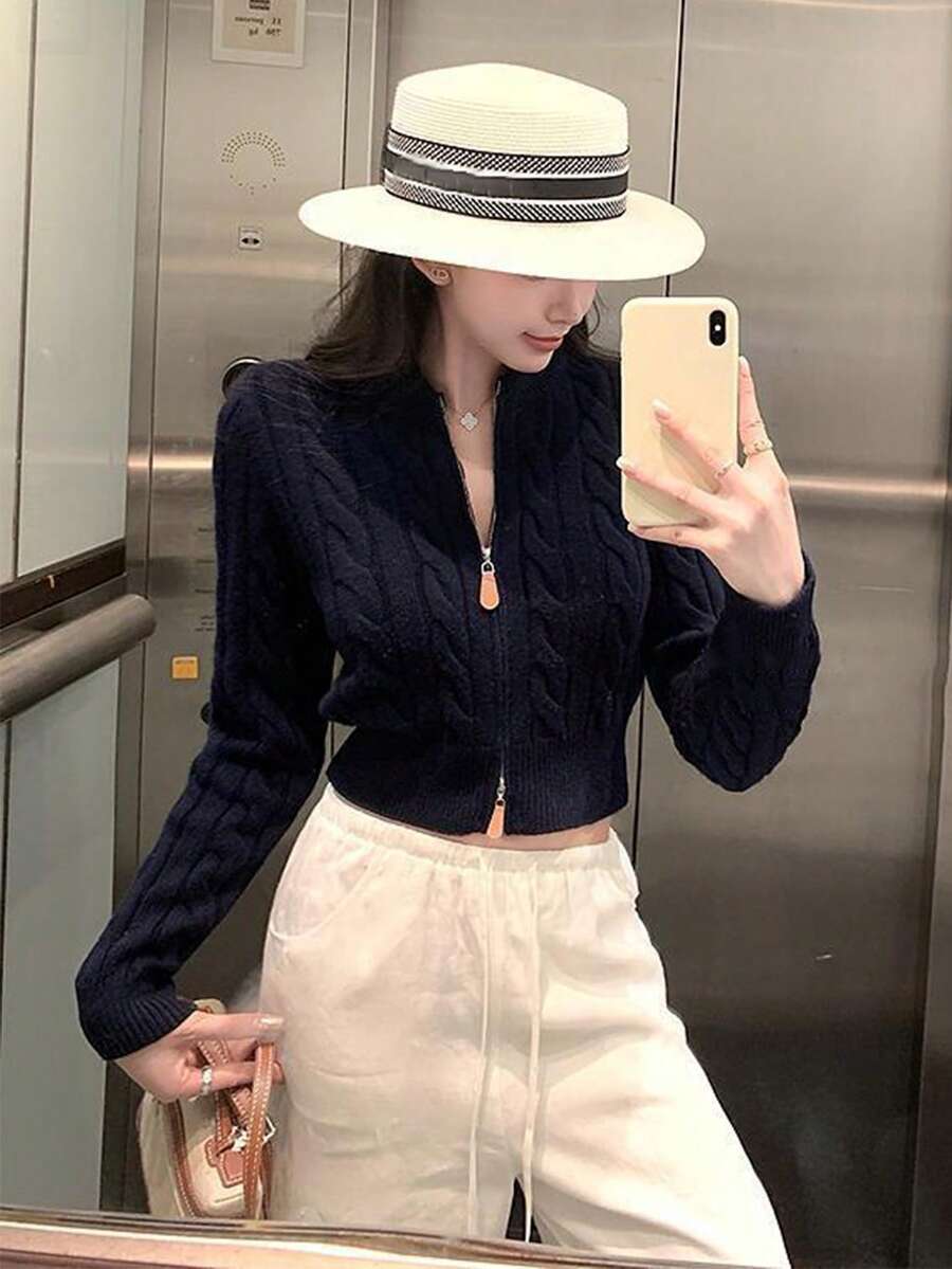 Women's Sweet Retro Style Dual Zipper Cable Knit Cardigan - Navy Blue - View 1