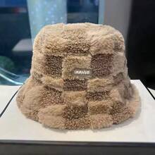 新款时尚渔夫帽，男女通用秋冬米色棋盘格羊毛渔夫帽，日本羔羊毛护耳渔夫帽，韩国百搭保暖羊毛渔夫帽 - 棋盤格 - 查看 4