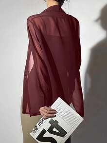 ELVA Women's Black Solid Color Sheer Long Sleeve Collared Blouse, Minimalist & Fashionable, Regular Fit, Non-Stretch, Elegant Semi-See-Through Shirt With Collar, Regular Hem, Made Of Lightweight Fabric And Regular Sleeves, Suitable For Women's Casual Wear In Autumn And Winter, Suitable For Valentine's Day, New Year, Spring Festival, Dates, Office, Business - Burgundy - View 5