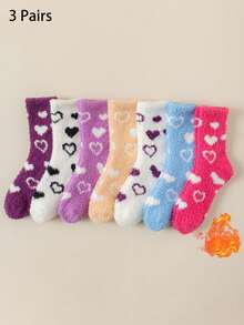 3 Pairs Assorted Color Women Crew Socks, Heart Pattern, Versatile Mid-Calf Socks, Suitable For Couples, Sleeping, Indoor, Outdoor, Parties, Y2K, Goth, Back To School, Soft, Comfortable, Thick, Breathable Coral Fleece Socks