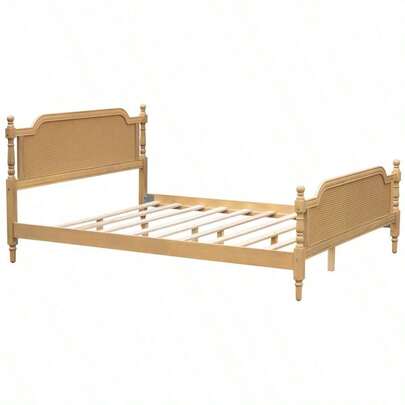 Traditional Style Rattan Queen Size Bed Frame No Box Spring Needed Antique Walnut