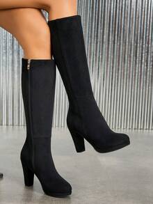 Women's Over-The-Knee Boots, Solid Color, Fashion & Comfortable, Versatile Suede Black Boots, Platform Thick Sole, Round Toe, Side Zipper, Chunky Heel High Heels, Tall Boots, Suitable For Dates, Parties, Elegant & Graceful Women Shoes - Black - View 2
