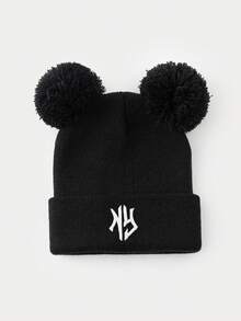 1 pieza Gorro de punto de unicolor y versátil con dos bolas, adecuado para outfits casuales de otoño/invierno de mujer