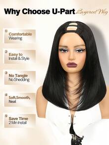 Layered Cut Straight U Part Black Layers Wig Yaki Straight Synthetic Glueless 24inch And 14 Inch Bob Short U Part Bob Wigs For Black Women No Leave Out No Sew In No Glue Clip In Half Wigs - Black - View 9