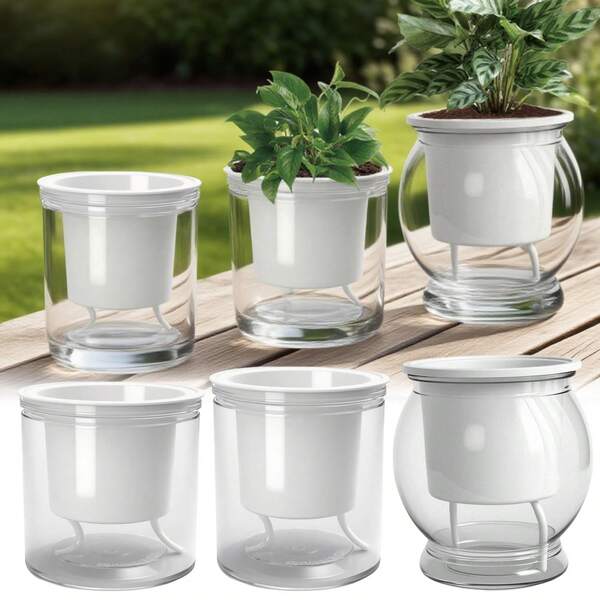 1 Set selbstbewässernder Blumentopf mit Baumwollseil - transparenter Doppelschicht-Harztopf für Haus- und Gartendekoration