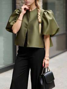 Women Plain Color Short Sleeve Shirt, Simple & Fashionable Suitable For Summer - Green - View 5