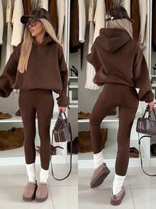 女士纯色针织面料抽绳下摆弹力肩部宽松卫衣，适合约会、婚礼、运动、健身、生日派对、秋冬休闲穿着。 - 咖啡棕 - 查看 2