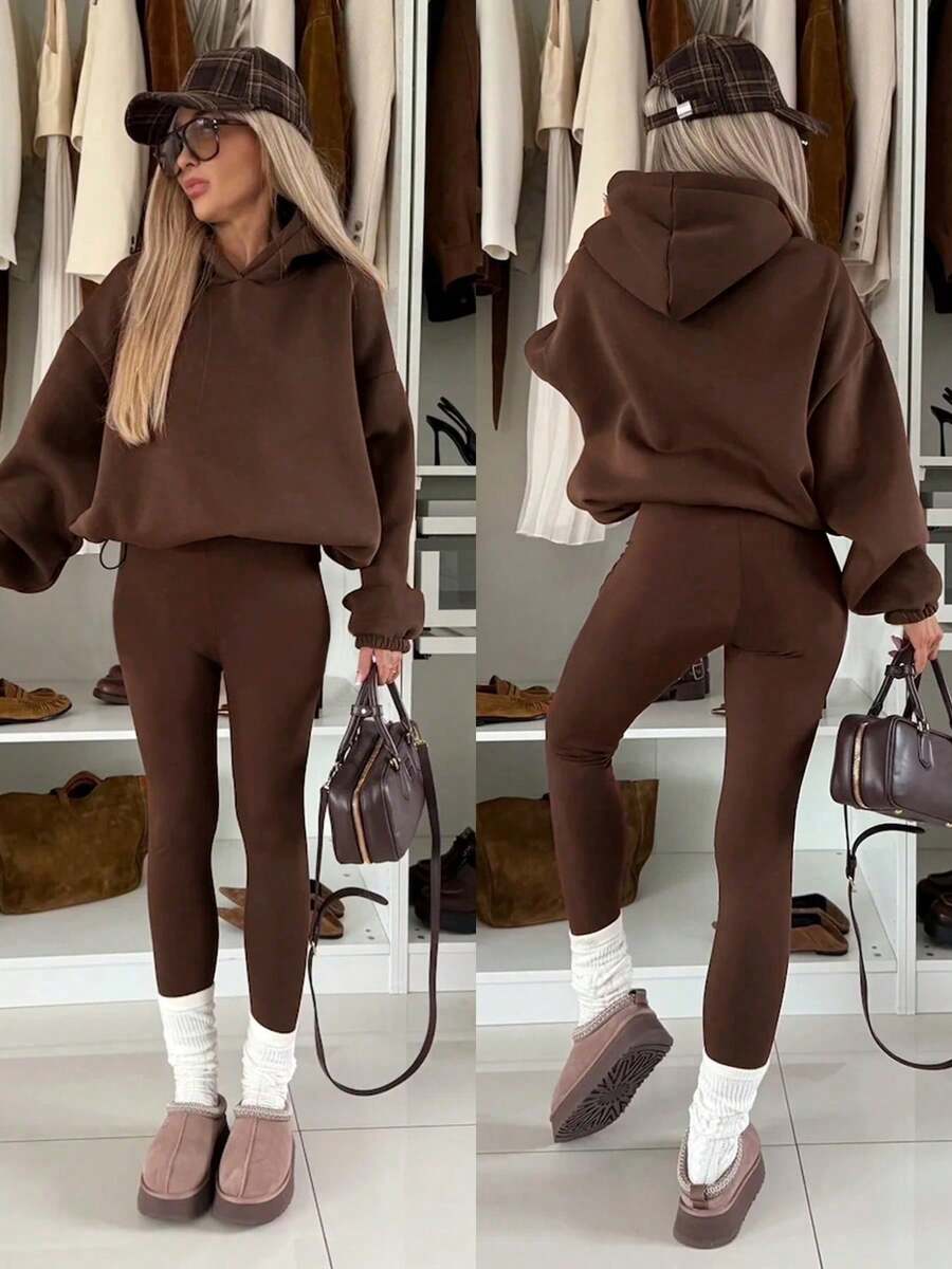 女士纯色针织面料抽绳下摆弹力肩部宽松卫衣，适合约会、婚礼、运动、健身、生日派对、秋冬休闲穿着。