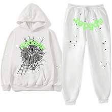 Y2K SP5 55555 Print Unisex Spider Web Letter Print Jogger Pants Sweatshirt Hoodie Fleece Sweatshirt Sports Set - trắng - Xem 1