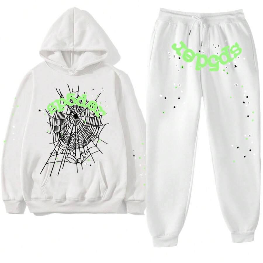 Y2K SP5 55555 Print Unisex Spider Web Letter Print Jogger Pants Sweatshirt Hoodie Fleece Sweatshirt Sports Set - trắng - Xem 1