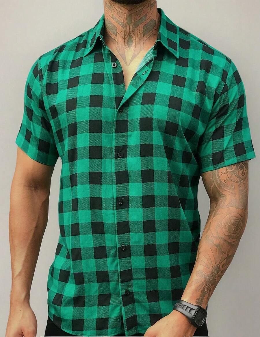 Men's Short-Sleeved Plaid Shirt For June Festivals, Viscose Linen - Green - View 1