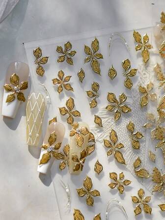 1pc Luxury Gold Foil Floral Nail Art Sticker, 3D Embossed Design, Elegant Gold Flower & Butterfly Nail Decals, Self-Adhesive Reusable Nail Stickers, Women Nail Decoration, Luxury Nail Accessory, Exquisite Gift