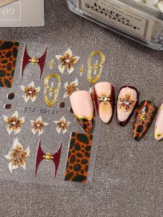 Leopard Print Nail Art Stickers, Autumn And Winter Leopard Print Stickers, Flower Gold-Plated French Embossed 3D Self-Adhesive Disposable Nail Art Stickers, French Jelly Flower Nail Art Stickers, Autumn Brown 5D Embossed Sticker Decorations, Nail Art Decoration Accessories,