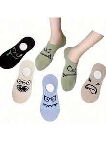 10 PIEZAS/5 pares de calcetines invisibles de corte bajo y cómodos para mujer, calcetines con patrones de dibujos animados lindos e interesantes, que agregan diversión a tu uso diario, calcetines de poliéster, aptos para uso en primavera y verano, lavables a máquina - Multicolor - Ver 3