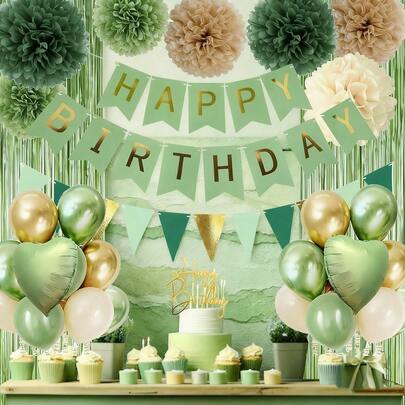 خلفية ديكور عيد ميلاد باللون الأخضر الحكيم، ديكور حفلة عيد الميلاد، بالونات ذهبية وخضراء زيتونية، لافتة عيد ميلاد سعيد، ستارة شراريب خلفية، ديكور محايد مناسب للنساء والفتيات والأولاد والبالغين