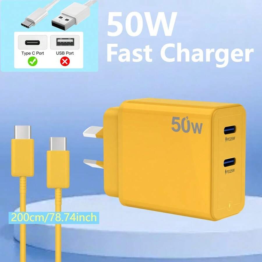High Power Fast Charging Wall Charger Yellow 50W Dual Port Fast Wall Charger USB C Charger Dual Ports Charging Plug PD 25W Power Type C Fast Charging GaN Block 2 In 1 Wall Plug Compatible With Galaxy S23 Compatible With Iphone 17 16 15 14 13 12 11 X Pro Pixel Included 2M Cable Spring Gift - View 1