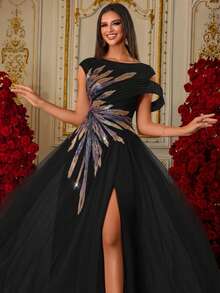 New Embroidered Pearl Formal Evening Dress, High-End Elegant - Black - View 4