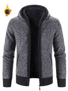 Chaqueta de punto con capucha y cremallera completa, forro de borreguito, estilo de negocios casual de moda, ajuste regular, suéter de estilo coreano para hombres - Gris Oscuro - Ver 2