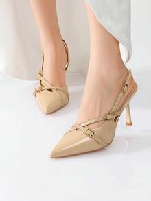 Nude Beige High Heels For Women Closed Pointed Toe Strappy Dress Pumps Slingback Kitten Heels Buckle Strap Shoes - Màu be - Xem 2