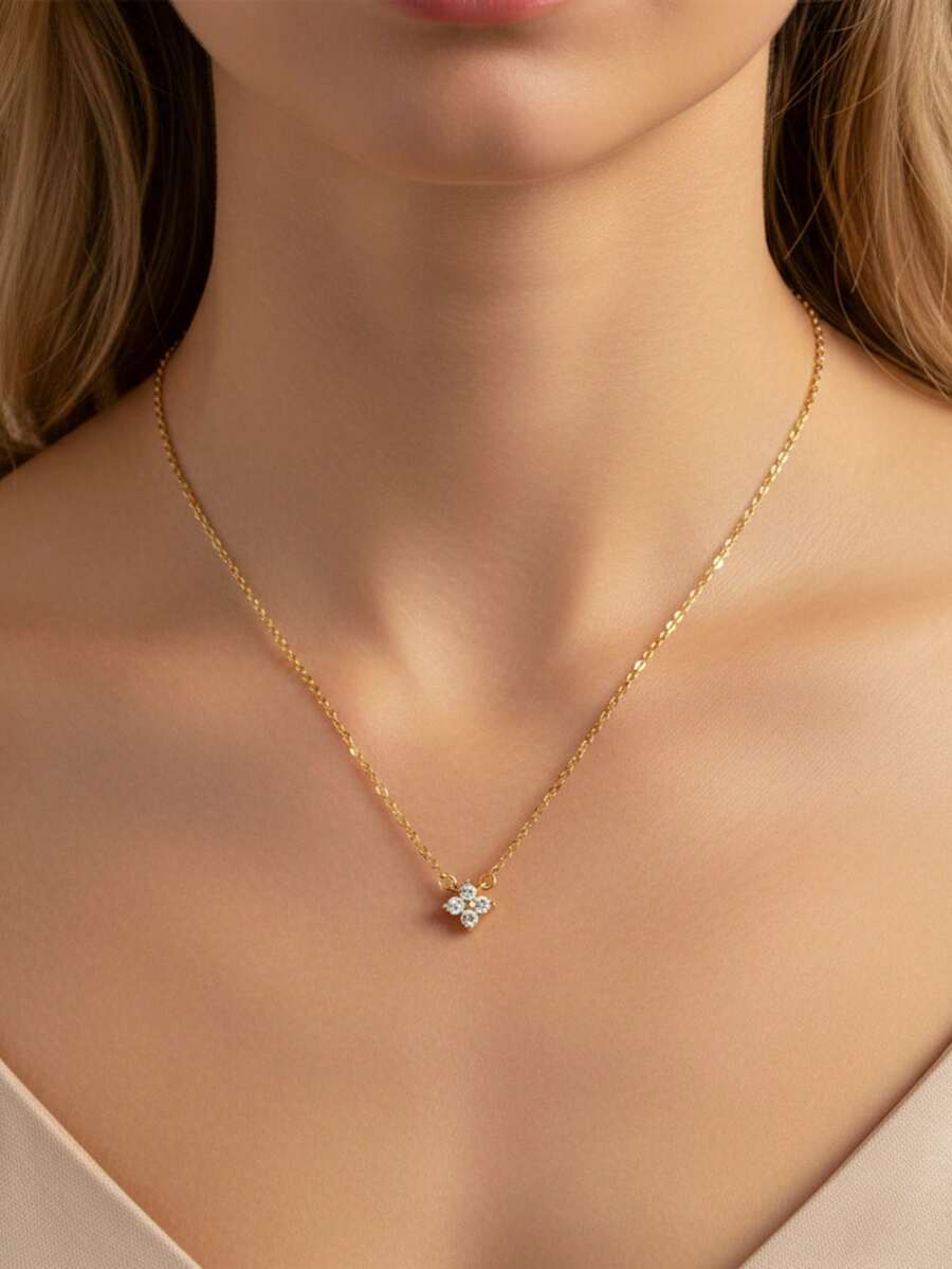 VceTd 1pc Minimalist Fashionable Sweet Clover Shaped Glass Inlaid Stainless Steel Pendant Necklace, Delicate Choker Necklace Suitable For Women's Daily Wear, Commute, Wedding, Party, Ideal Gift For Women