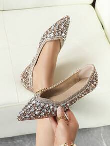 Fall/Winter Women Flat Soft Comfortable Luxury Sparkly Rhinestone Champagne Color Dress Shoes Suitable For Party And Banquet