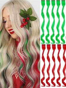 10 片紫色接发，卷曲波浪合成假发片，夹式彩虹霓虹派对挑染，彩色发饰，适合儿童、女孩、女性，20 英寸（深紫色） - 彩色 - 查看 12