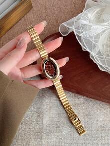 1 件女士椭圆形银黑色表盘金色石英休闲手表，适合日常佩戴 - 金色 - 查看 5