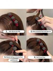 2个装时尚奢华水钻侧夹，多层镂空纹理公主鳄鱼夹发夹，女士发饰 - 紅色 - 查看 3