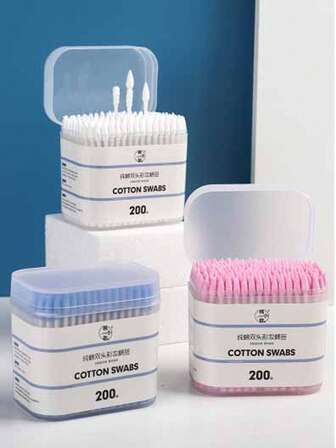 200支/盒彩色卸妆棉签，双头螺旋尖头清洁棉签，用于眼部卸妆