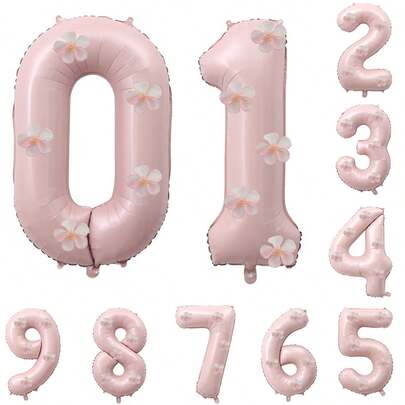 6pcs 32-Inch Pink Digital Balloons Decor With White Flower Patterns, Suitable For Birthday Party, Family Gathering And Various Holiday Celebrations