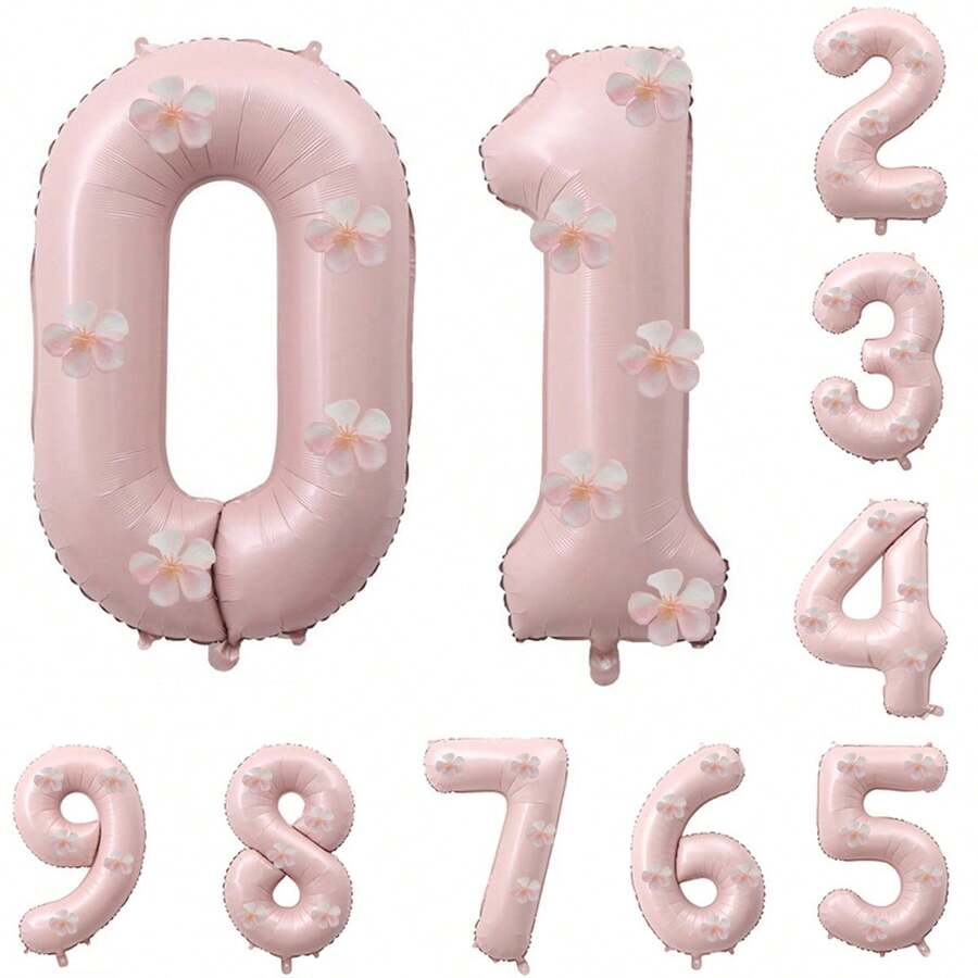 6pcs 32-Inch Pink Digital Balloons Decor With White Flower Patterns, Suitable For Birthday Party, Family Gathering And Various Holiday Celebrations - Pink - View 1