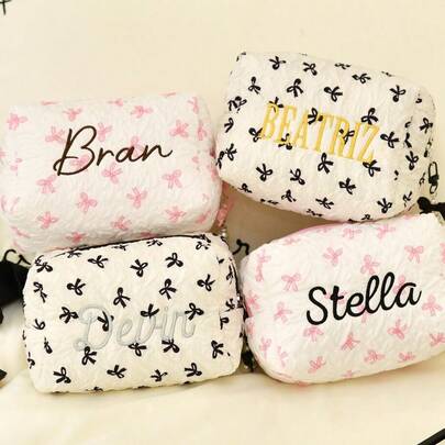 1 Pc Custom Embroidered Bow Cosmetic Bag Personalized Makeup Bag Suitable For Bridal Shower And Bridesmaid Gifts Party Favor Bags Suitable For Business Trips Vacations Bridal Gifts Girls Party Gifts