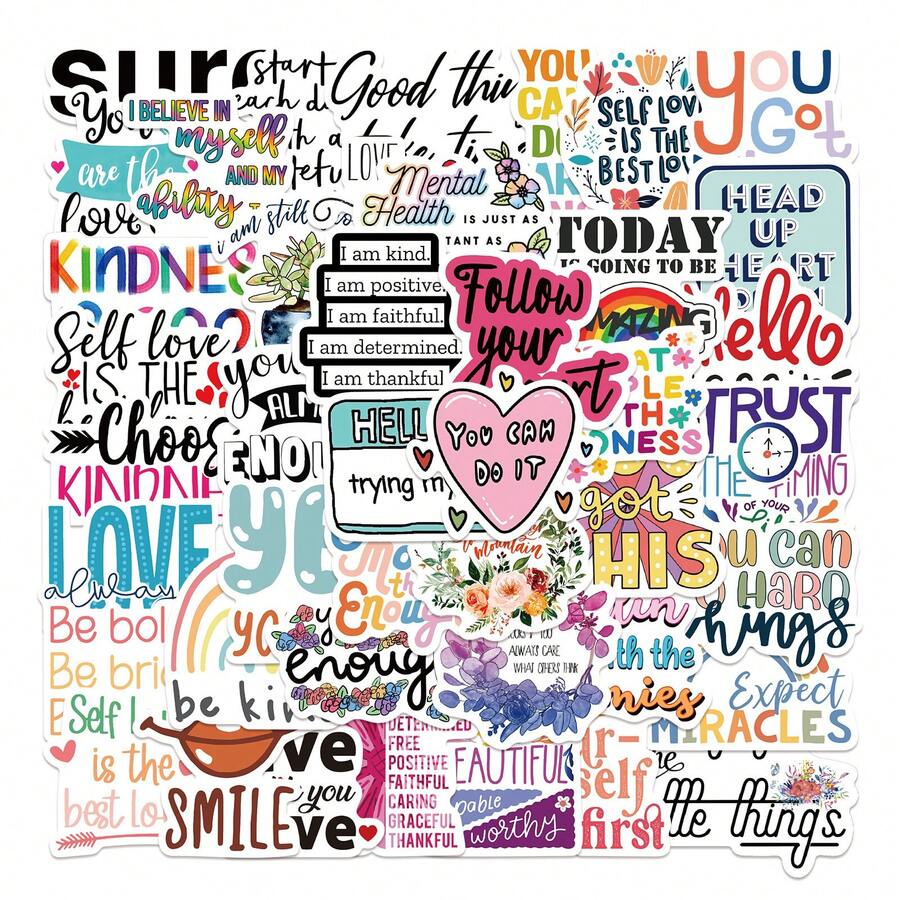 50pcs Motivational Quote Stickers, Inspirational Stickers, Positive Stickers, Affirmation Stickers, Waterproof Vinyl Stickers, Suitable For Diary, Computer, Scrapbook, Luggage, Water Bottle, Phone, Etc. - Multicolor - View 1