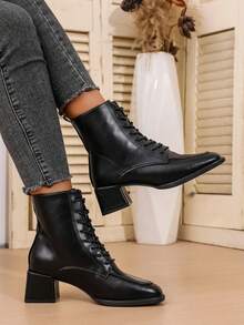 Ankle Boots For Petite Women, Thick Sole Increase Height, Leather Mid-Calf Lace-Up Boots, Versatile Minimalist Design High Heel Skinny Boots, Western Style Lace-Up, Autumn/Winter 2025 - Black - View 4