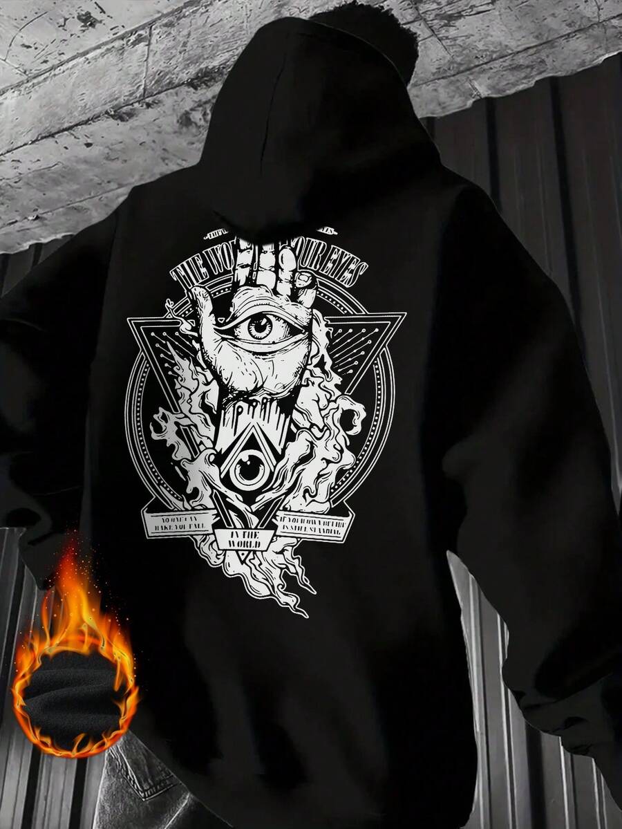 Plus Size Men's Autumn/Winter Mysterious Graphic Print Loose Fit Hoodie, Long Sleeve Top