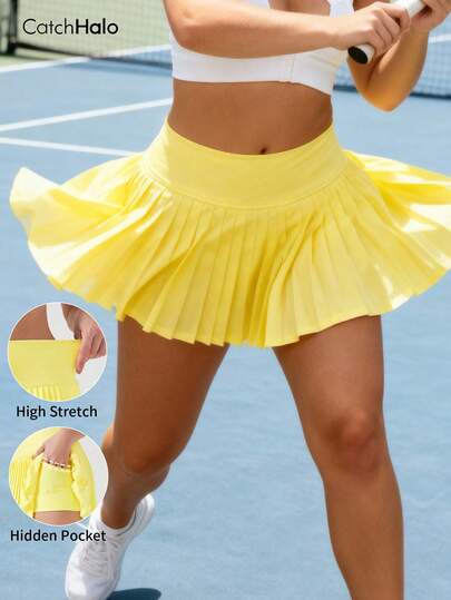 Women's Solid High Waist Pleated Tennis Skirt, Vibrant Yellow, Built-In Pocket 4-Way Stretch Waistband Squat Proof Sports Skirt, Gym Running Badminton Daily