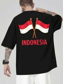 Maglietta con bandiera indonesiana (autunno), 100% cotone, vestibilità ampia, traspirante, stile hip hop urbano, design grafico, stampa fronte-retro. - nero - Visualizzare 3