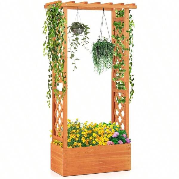 Raised Garden Bed With Trellis Wood Freestanding Planter Box With Hanging Roof Drainage Holes For Climbing Plants Flowers Vegetables Indoor Outdoor Planting Bed For Patio Yard
