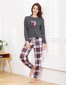 ¡RecomendadoConjunto de Pijama Mujer Algodón Manga Larga y Pantalones con Bolsillo 2 Piezas Pijama Bordar Casual Ropa de Dormir¡Top de Temporada - Negro - Ver 10
