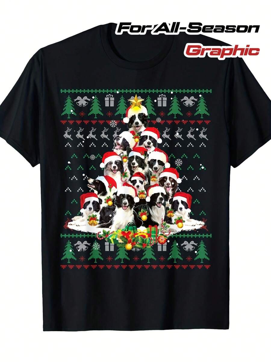 Men'S Border Collie Dog Graphic T-Shirt - Cute Collie Puppy & Adult Collie Design With Santa Hats, All-Season Comfort Fit S-3XL - Black - View 1